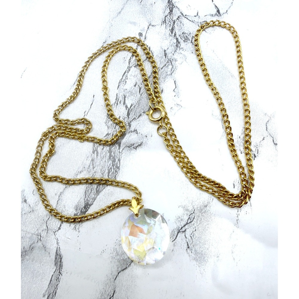Gold Tone Chain Necklace with Faceted Pendant 24"‎ Minimalist
